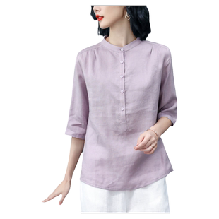 亚麻衬衫女复古减龄2026春夏新款宽松衬衣立领上衣麻料圆领套头衫