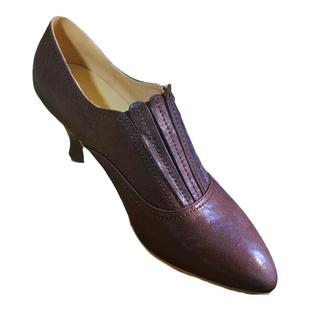 奈里法式复古棕色植鞣牛皮尖头大码酒杯跟高跟鞋民国旗袍深口皮鞋