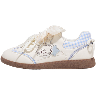 TTKJ蓝色皮质德训鞋女拼色小众设计mikko联名秋冬款休闲运动鞋子