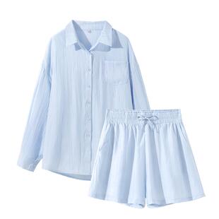 班尼路蓝色衬衣套装女2026夏季新款休闲套装轻薄衬衫短裤一整套Q