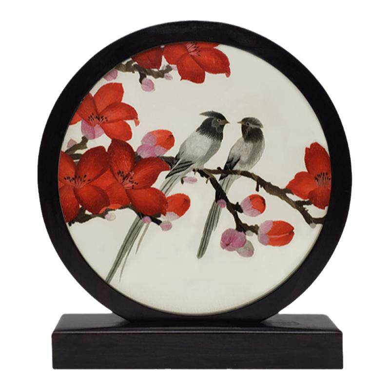 蜀绣花鸟牡丹孔雀手工摆件双面绣