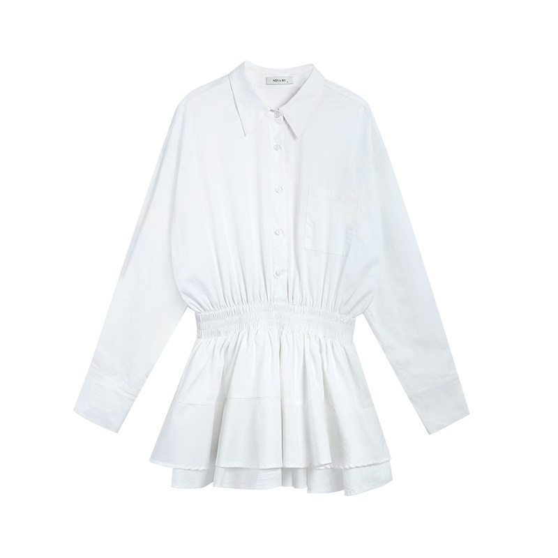 NEVA HU白色法式长袖衬衫连衣裙短款设计感收腰显瘦小个子短裙女