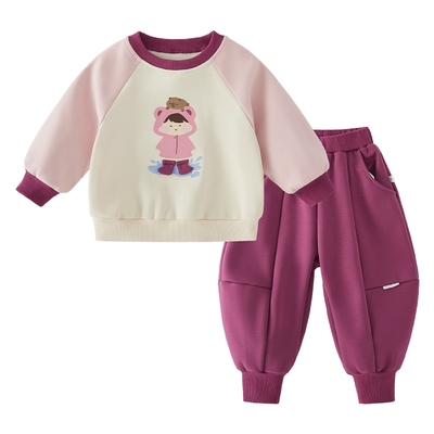 女童加绒套装小童撞色卫衣两件套儿童秋冬薄绒衣服潮宝宝冬装女宝