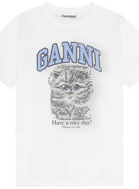 【甄选折扣】GANNI女装 可爱猫咪印花纯棉白色正肩夏日短袖T恤衫