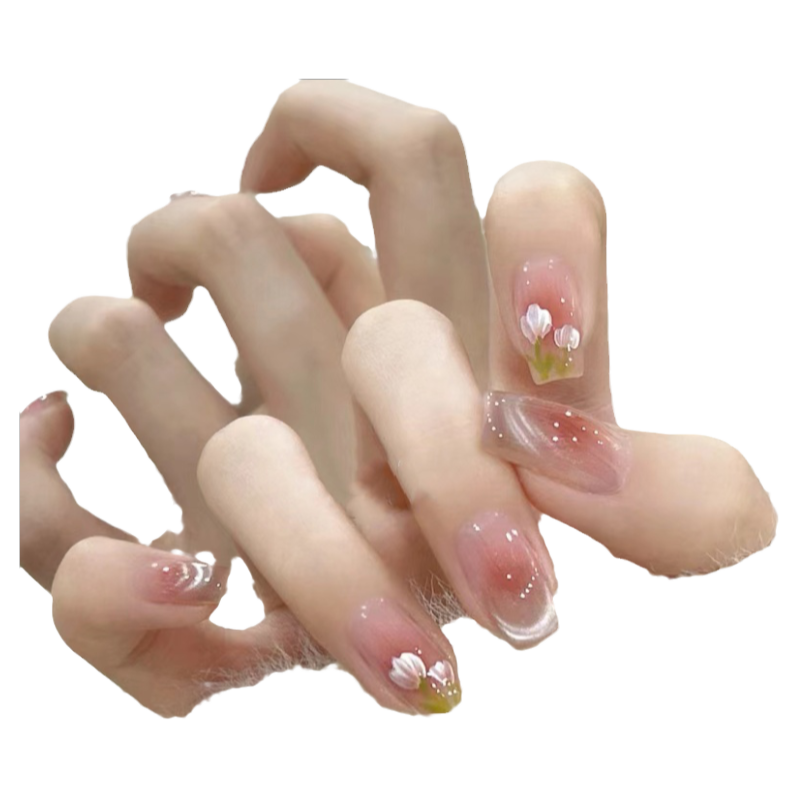 曼辭春夏短款穿戴甲手工成品甲片貓眼手繪郁金香腮紅美甲假指甲貼