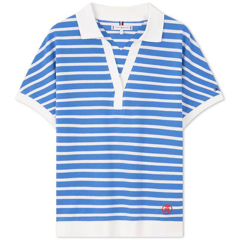 Tommy女装条纹宽松V领POLO衫