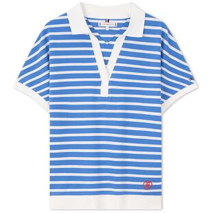 Tommy春夏女装莱赛尔微弹休闲通勤刺绣条纹宽松V领短袖T恤POLO衫
