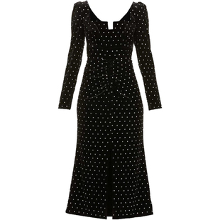 张雨绮杨超越同款性感金丝绒波点烫钻气质复古长袖黑色长款连衣裙