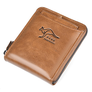 萨奇袋鼠男士钱包短款真皮拉链多功能驾驶证卡包牛皮复古休闲皮夹