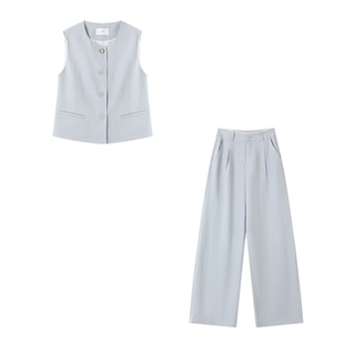 XWI欣未含亚麻轻氧松弛套装女夏季内里条纹撞色马甲休闲裤两件套