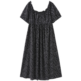 300斤孕妇遮肚碎花过膝长裙子胖仙女莹莹大码女装胖m夏方领连衣裙