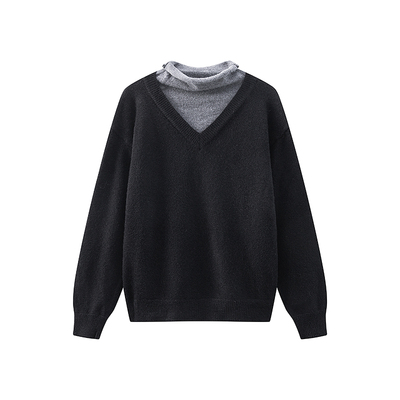 秋新黑灰撞色高领假两件毛衣