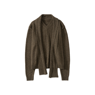 UN MUTE25FW 羊毛混纺点子纱围巾领拼接设计量感茧型羊毛针织衫