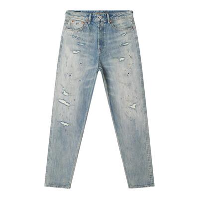 DENHAM女士复古宽松高腰水洗磨白萝卜裤剪刀牛仔裤女CARLA