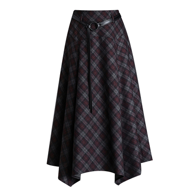 不规则格子毛呢半身裙女秋冬新款