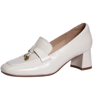 百田森英伦风小皮鞋2025新款真皮乐福鞋女款秋冬通勤深口粗跟单鞋