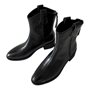 意尔康女鞋2025冬季单靴V口短靴法式气质显瘦复古西部靴迪木尔风