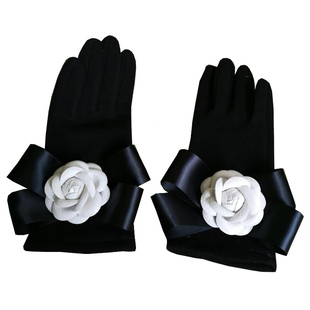 法式复古黑色赫本风手套保暖加绒秋冬分指山茶花蝴蝶结名媛女气质