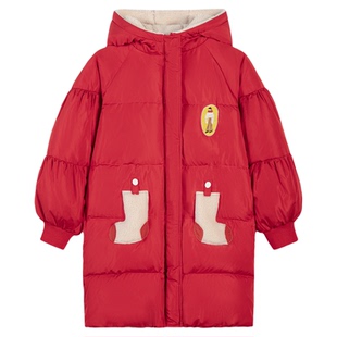 viciusss女童羽绒服红色新年2025新款儿童加厚保暖外套中长款连帽