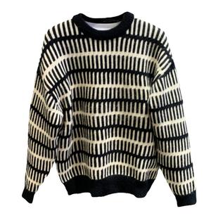 2025秋冬新款男装条纹宽松套头针织毛衣复古时尚加厚韩版线衣情侣