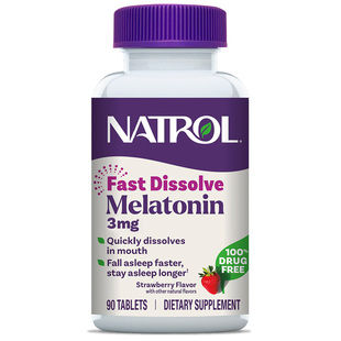 Natrol美国褪黑素睡眠片3mg速溶闪睡退黑素安瓶助眠90片草莓含片
