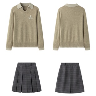 东京岁时记jk春秋新款假两件撞色翻领polo毛衣小个子卡其色针织衫