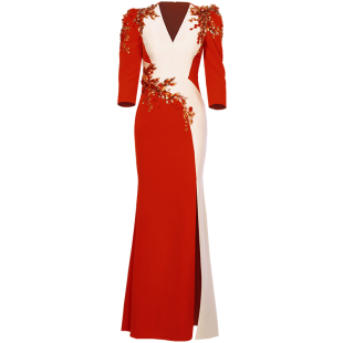 创意狐晚礼服法式长袖高端宴会年会主持人礼服长款红色演出服长裙