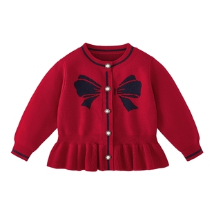 女童毛衣红色毛线衣秋冬保暖宝宝针织衫女孩冬装针织开衫儿童外套