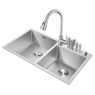 手工加厚304不锈钢拉丝厨房水槽双槽带刀架家用洗菜盆洗碗池套装