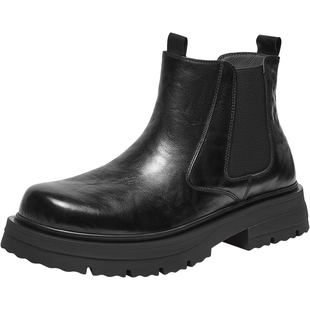 百思图秋冬季时尚防寒加绒烟筒靴户外切尔西靴粗跟男低靴8M522DD4