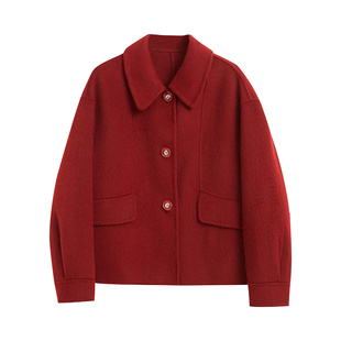 SANI奥莱新年红色双面呢羊毛大衣冬季短款翻领高级感毛呢外套女
