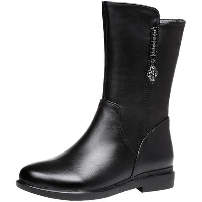 2023平底真皮圆头中筒靴