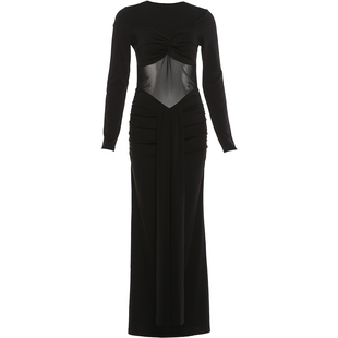 #Sisjuly#优雅静谧纯欲vibe 扭结飘带轻纱拼接透视感长袖连衣裙女