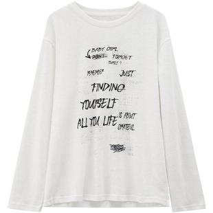 LAGOGO手写诗语雪花棉长袖T恤女拉谷谷2026春新款慵懒感白色上衣