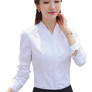长袖衬衫女白色条纹V领棉修身职业装酒店商场空姐工作服空乘工装