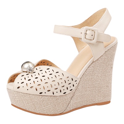 米白色度假风草编坡跟真皮凉鞋女夏季镂空透气鱼嘴高跟罗马鞋 RXM