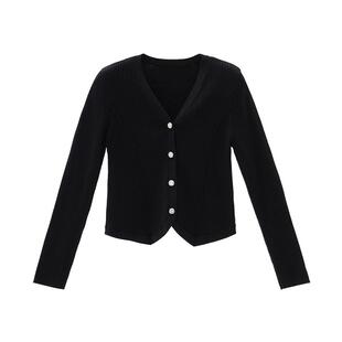 IAmMIX27春秋V领针织开衫女短款修身显瘦简约百搭黑色毛针织衫女