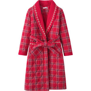 2026年新款大红色本命年格子睡袍女秋冬款纯棉夹棉中长款睡衣浴袍
