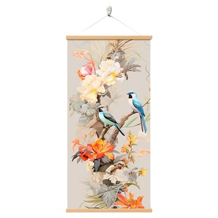 喜上眉梢新中式玄关装饰画喜鹊花卉客厅入户门挂画民宿茶室卷轴画