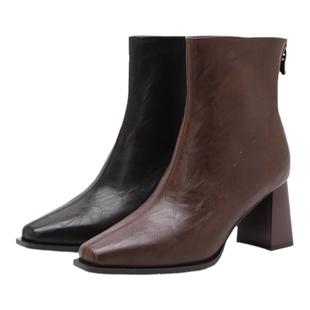 百思图冬商场新款法式方头小踝靴女鞋高跟鞋加绒瘦瘦短靴M5010DD4