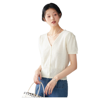 泡泡袖针织衬衫onemoreV领