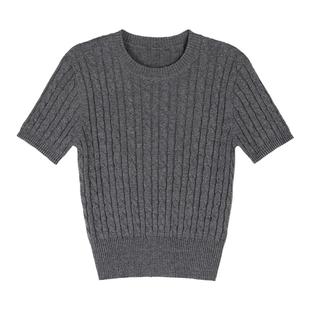 pusumede 白色复古短袖针织衫女夏季薄款百搭t恤圆领收腰短款上衣