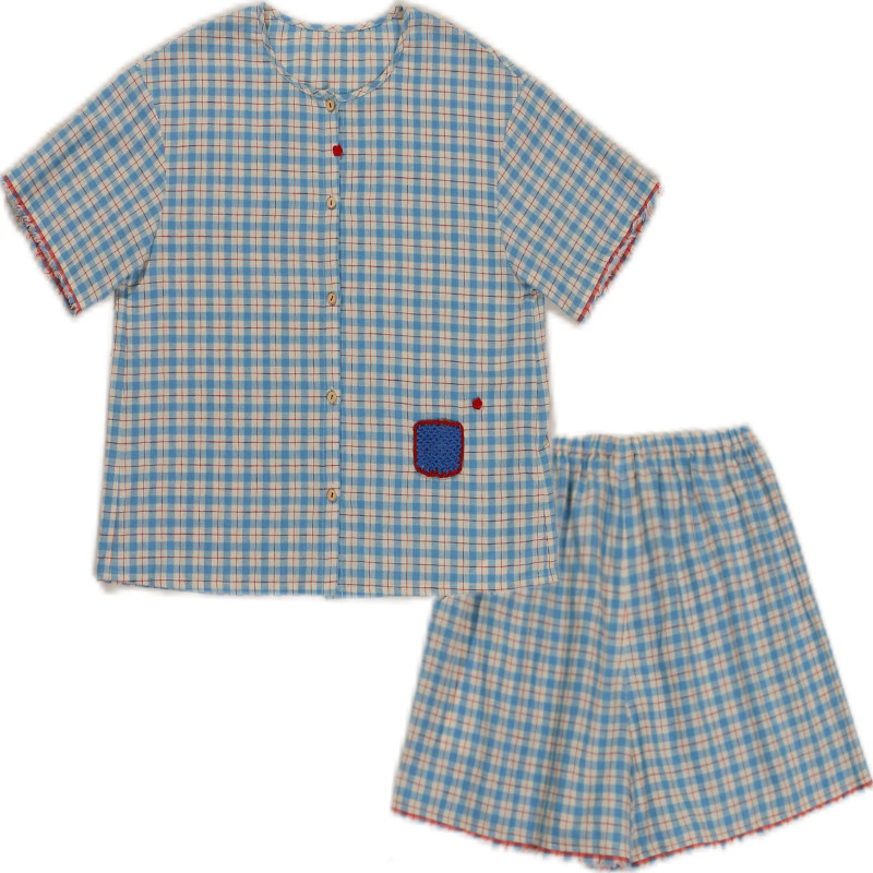 朵朵可可女棉麻格子家居服套装