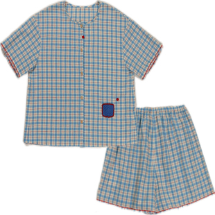 朵朵可可睡衣女2025春夏清爽棉麻V领格子简约短袖短裤家居服套装