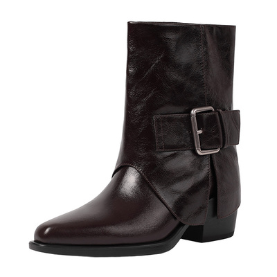 哈森/HARSON【裤管魅影】25冬新款复古真皮粗高跟时装靴中筒靴女