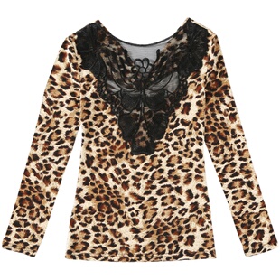 豹纹V领t恤女2025冬季新款性感露背上衣韩版修身长袖印花打底衫