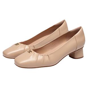 KISSCAT接吻猫秋季款通勤方头粗跟鞋微皱温柔褶皱羊皮单鞋女