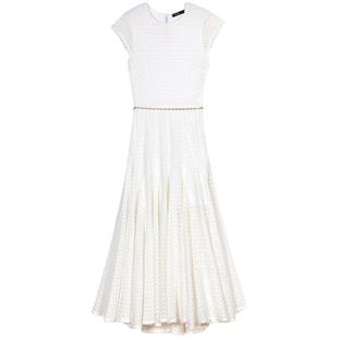 Maje2025春夏女装法式优雅白色镂空钩织圆领收腰长款针织连衣裙