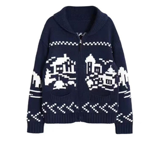 明星董洁同款可翻领立领针织提花拉链外套女2026秋冬新款百搭上衣