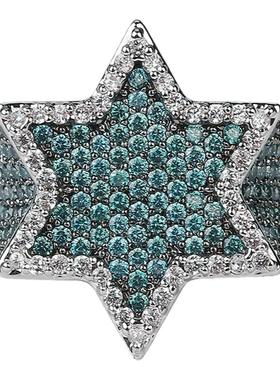 富兰克林薄荷绿色系满宝石情侣戒指欧美hiphop潮牌镀金六角形指环